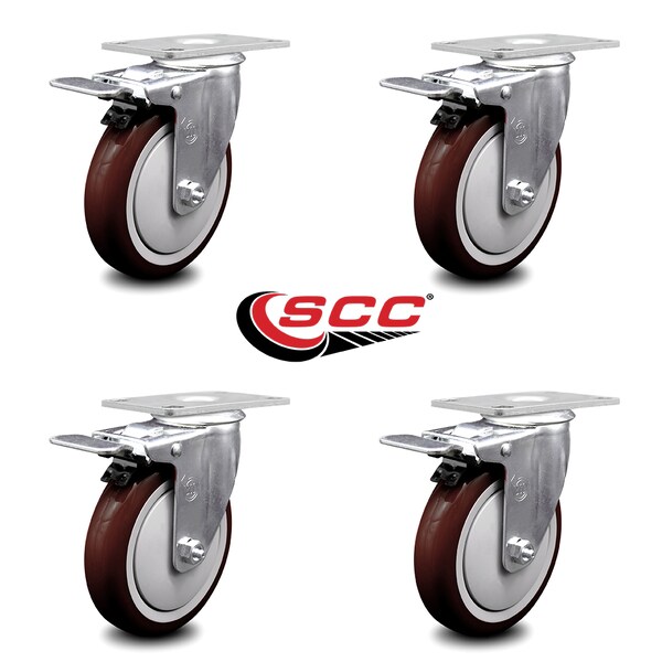 5 Inch Maroon Polyurethane Swivel Top Plate Caster Set with Total Lock Brake SCC